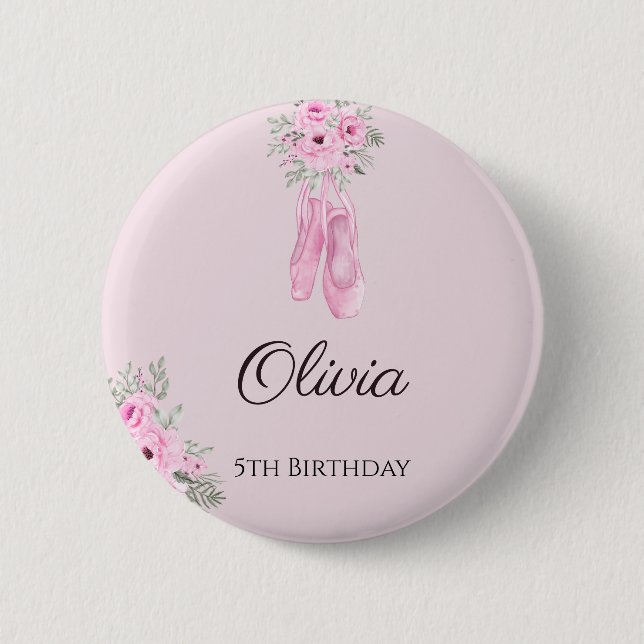 Elegant Pink Floral Ballerina Shoes Girls Birthday Button (Front)