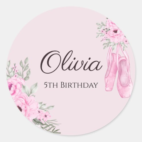 Elegant Pink Floral Ballerina Shoes Girls Birthday Classic Round Sticker