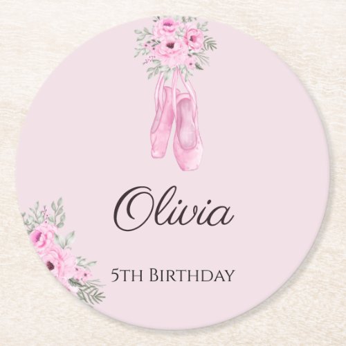 Elegant Pink Floral Ballerina Shoes Girls Birthday Round Paper Coaster