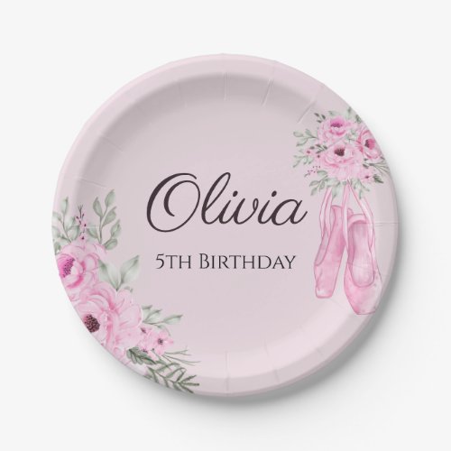 Elegant Pink Floral Ballerina Shoes Girls Paper Plates