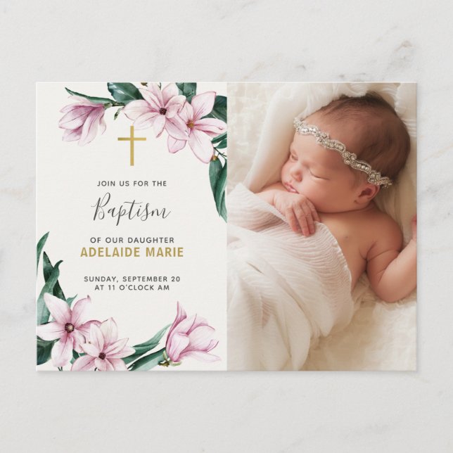 Elegant Pink Floral Baptism Gold Cross Photo Postcard (Front)