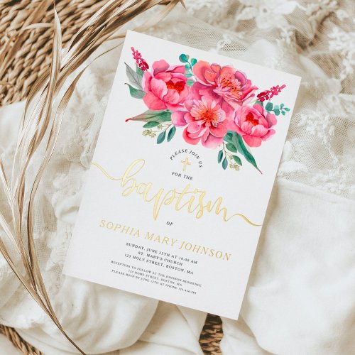 Elegant Pink Floral Baptism Gold Foil Invitation