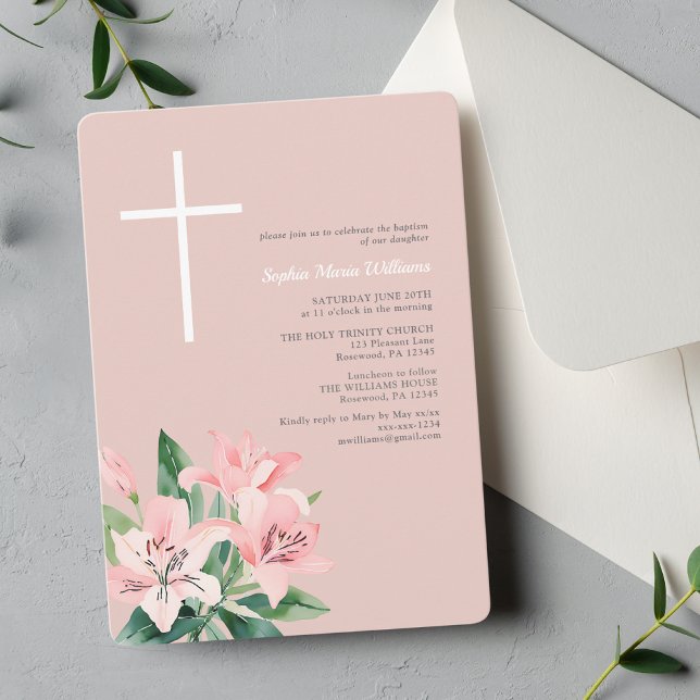 Elegant Pink Floral Baptism Invitation (Creator Uploaded)