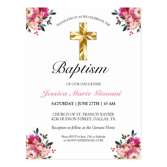 Elegant PInk Floral Baptism Invitation Postcard | Zazzle.com