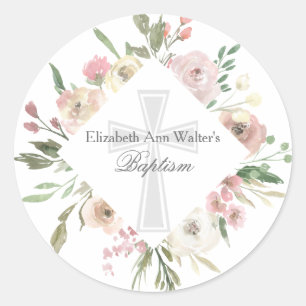 Elegant Pink Floral Baptism Religious Cross Custom Classic Round Sticker