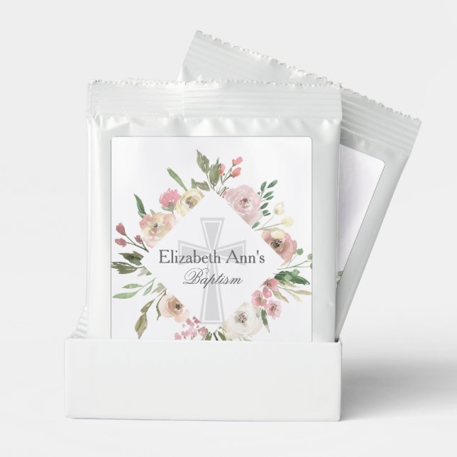 Elegant Pink Floral Baptism Religious Cross Custom Lemonade Drink Mix (Pair)