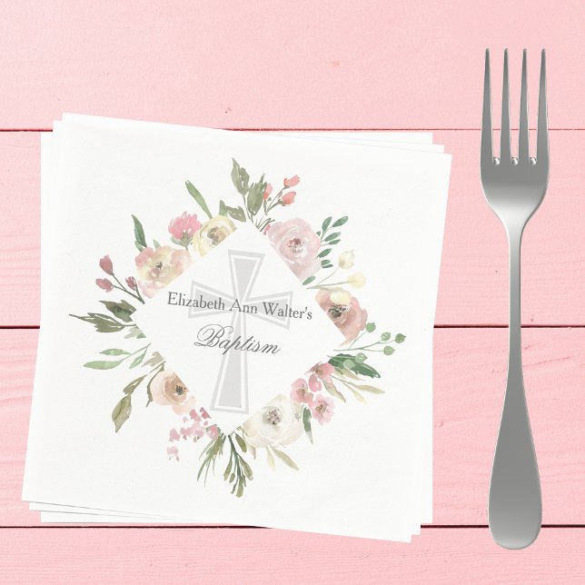 Elegant Pink Floral Baptism Religious Custom Party Napkins (Creator Uploaded)