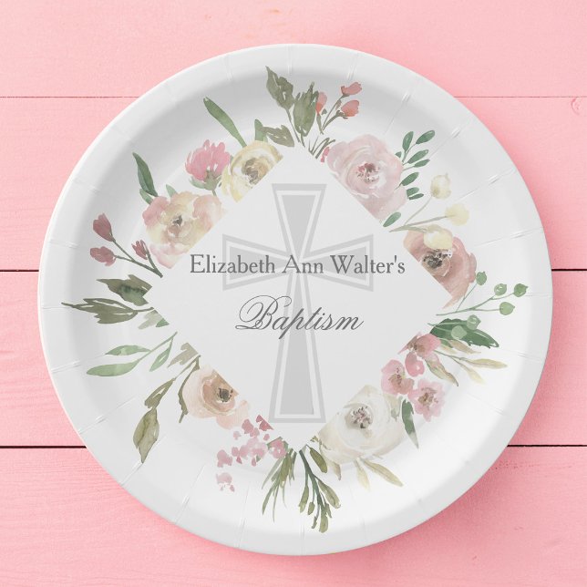 Elegant Pink Floral Baptism Religious Custom Party Paper Plates (Creator Uploaded)