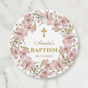 Elegant Pink Floral Baptism Thank You Favor Tags
