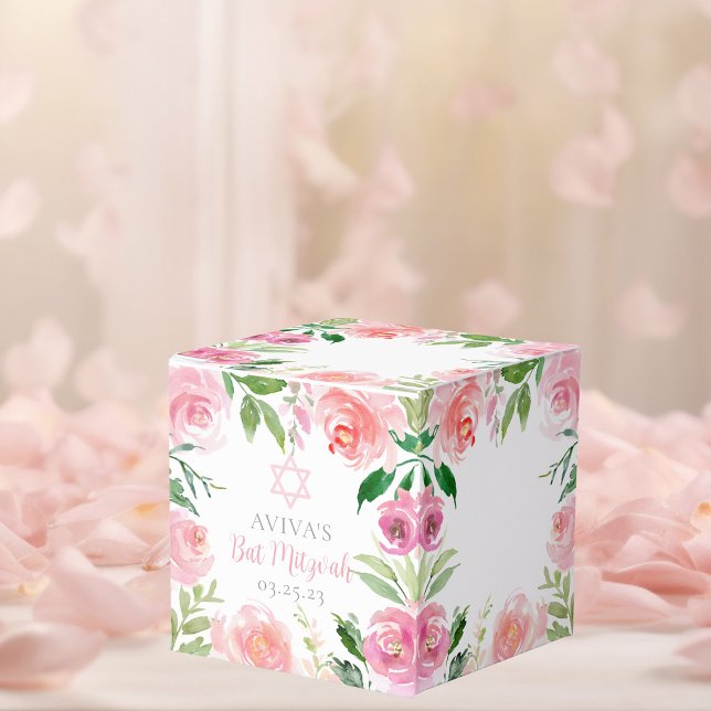 Elegant Pink Floral Bat Mitzvah Custom Party Favor Boxes (Creator Uploaded)