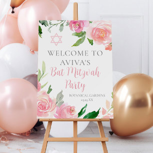 Elegant Pink Floral Bat Mitzvah Party Custom Foam Board