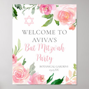 Elegant Pink Floral Bat Mitzvah Party Custom Poster