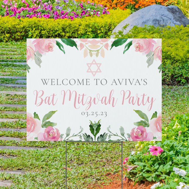 Elegant Pink Floral Bat Mitzvah Party Custom Yard Sign (Creator Uploaded)