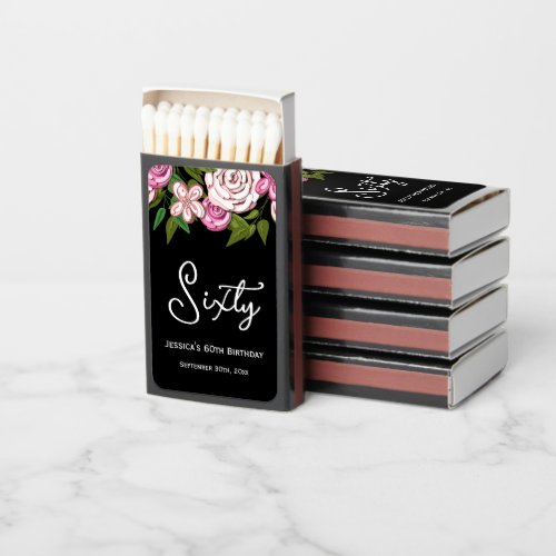 Elegant Pink Floral Black 60th Birthday Matchboxes
