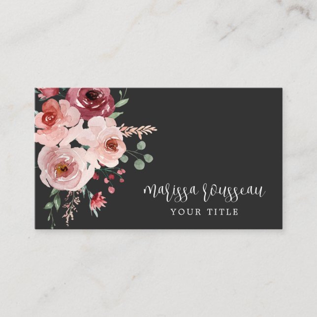 Elegant Pink Floral Black Business Card (Front)