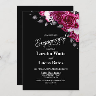 Elegant Pink Floral Black Engagement Party Invitation