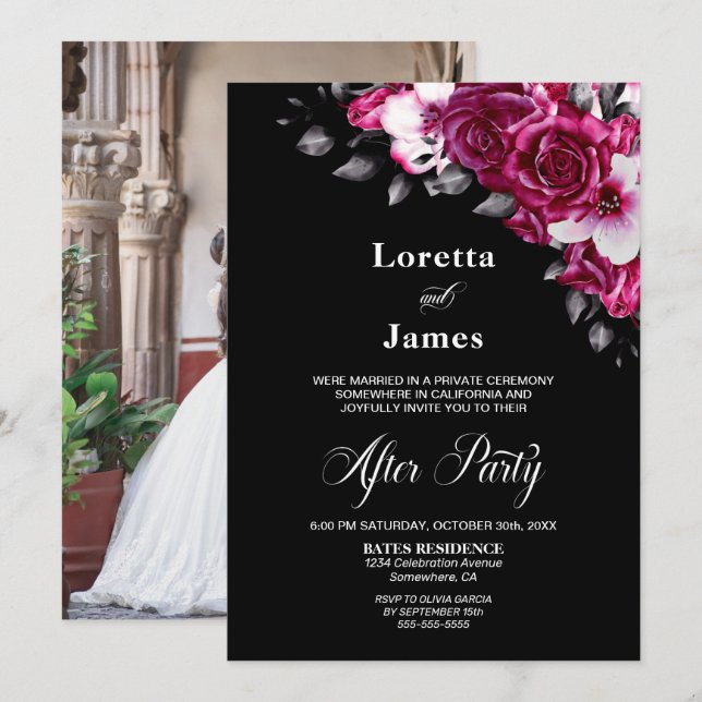 Elegant Pink Floral Black Wedding Reception Invitation (Front/Back)