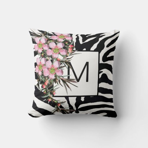 Elegant Pink Floral Black White Monogram Throw Pillow
