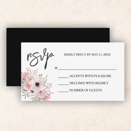 Elegant Pink Floral Black White RSVP Card