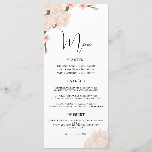 Elegant Pink Floral Blossom Wedding Flat Menu (Front)
