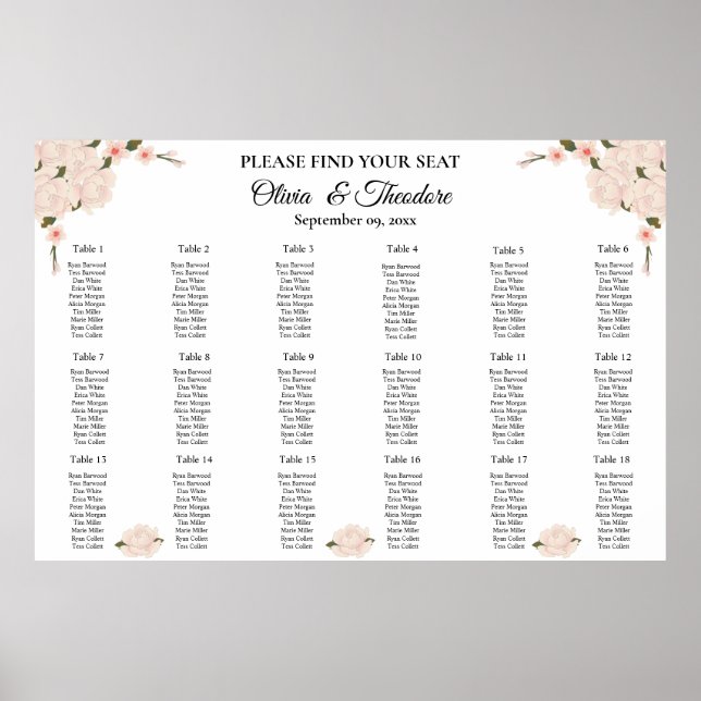 Elegant Pink Floral Blossom Wedding Seating Chart (Front)