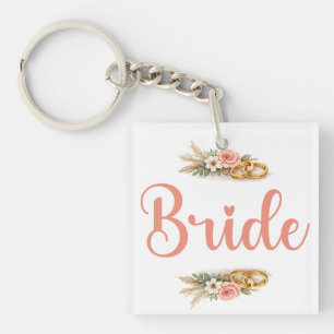 Elegant Pink Floral Boho Bride Fiance Gift Keychain