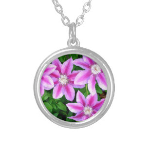 Elegant pink floral boho greenery silver plated necklace