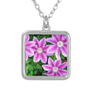 Elegant pink floral boho greenery silver plated necklace