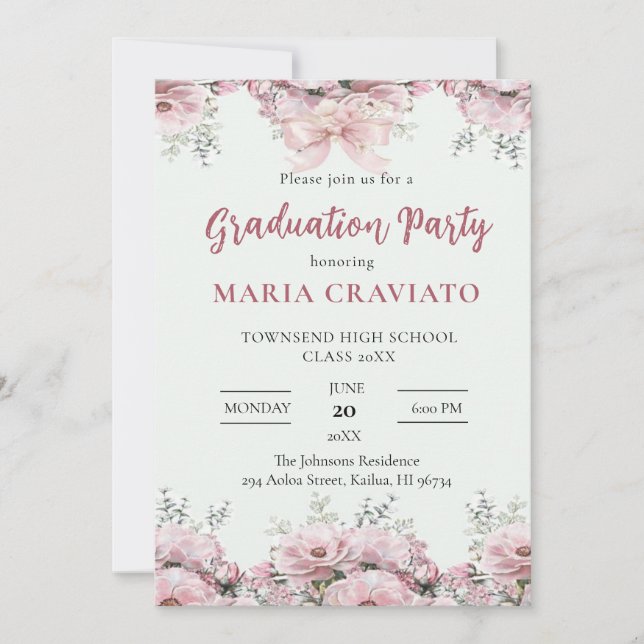  Elegant Pink Floral Border Graduation Party Invit Invitation (Front)