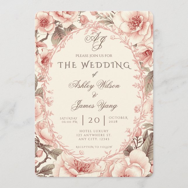 Elegant Pink Floral Botanical Wedding Invitation (Front)