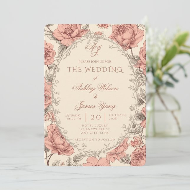 Elegant Pink Floral Botanical Wedding Invitation (Standing Front)