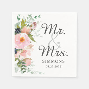 Elegant Pink Floral Bouquet Mr. & Mrs. Wedding Napkins