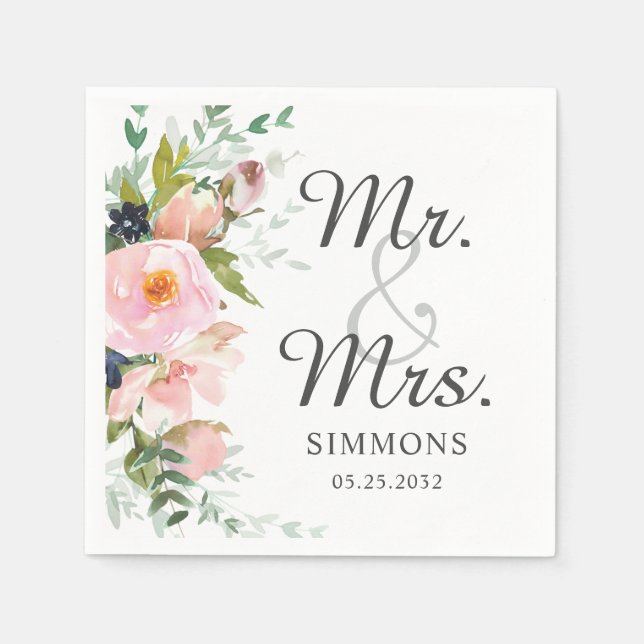 Elegant Pink Floral Bouquet Mr. & Mrs. Wedding Napkins (Front)