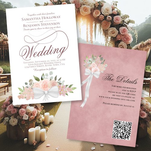 Elegant Pink Floral Bouquet QR Code Wedding Invitation