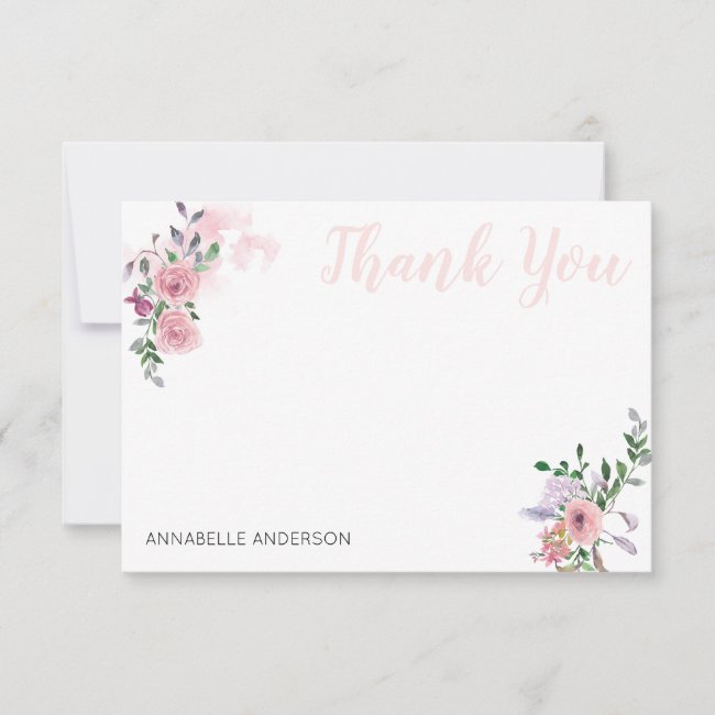 Elegant Pink Floral Bouquet Watercolor Thank You Note Card