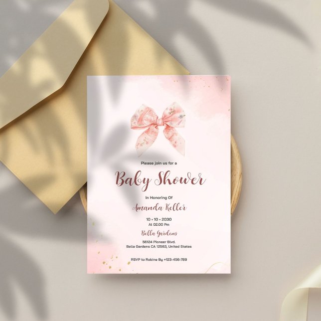 Elegant Pink Floral Bow Baby Shower Invitation (Creator Uploaded)