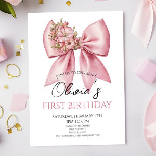 Elegant Pink Floral Bow Birthday Party Invitation