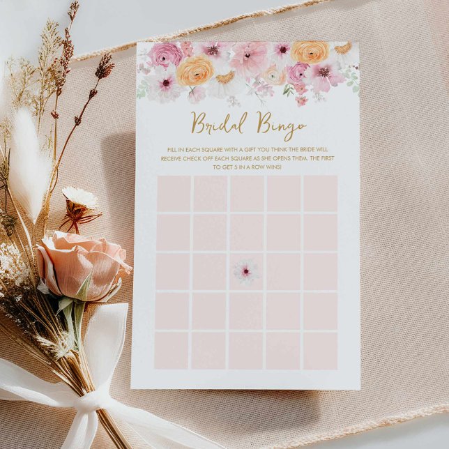 Elegant Pink Floral Bridal Bingo Game Card (Pink floral Bridal Bingo Card)