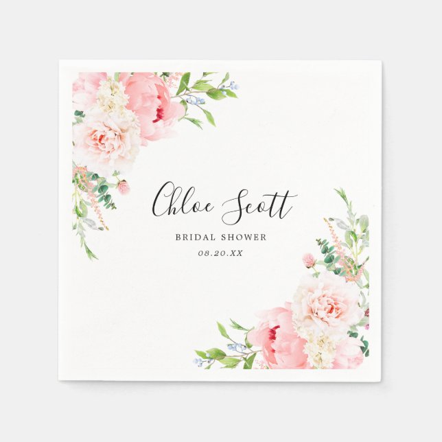 Elegant Pink Floral Bridal Shower Custom Napkins (Front)