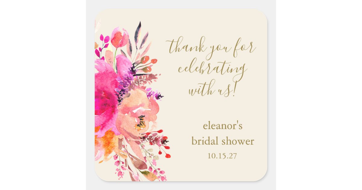 Elegant Pink Floral Bridal Shower Custom Thank You Square Sticker | Zazzle