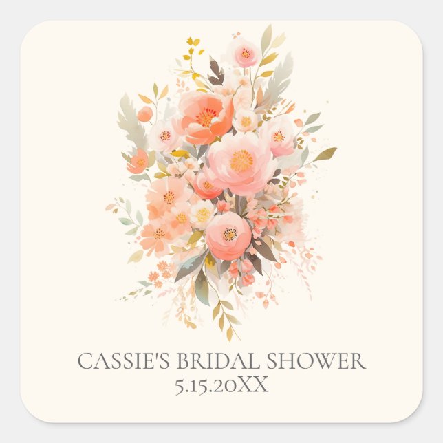 Elegant Pink Floral Bridal Shower Favor Square Sticker (Front)