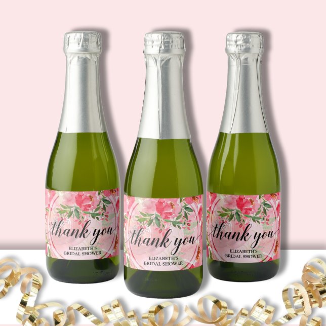 Elegant Pink Floral Bridal Shower Mini Sparkling Wine Label (Pink peonies floral bridal shower mini champagne bottle labels)