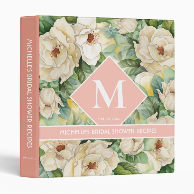 Elegant Pink Floral Bridal Shower Monogram Recipe 3 Ring Binder (Front/Spine)