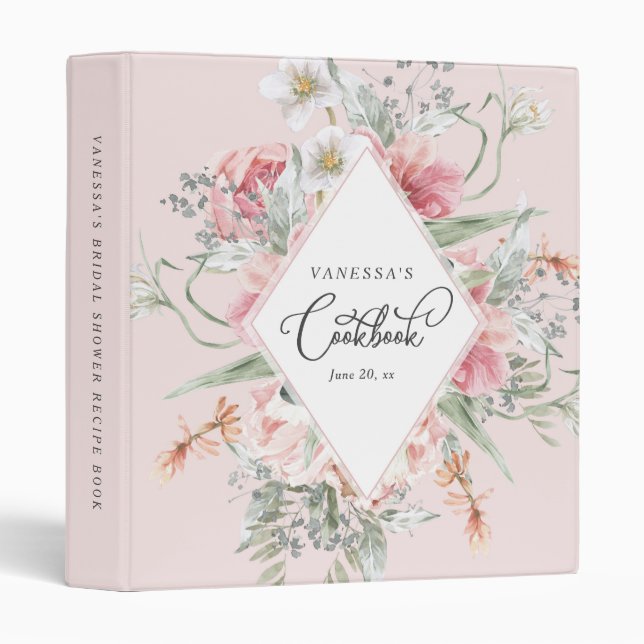 elegant pink floral bridal shower recipe book  3 ring binder (Front/Spine)