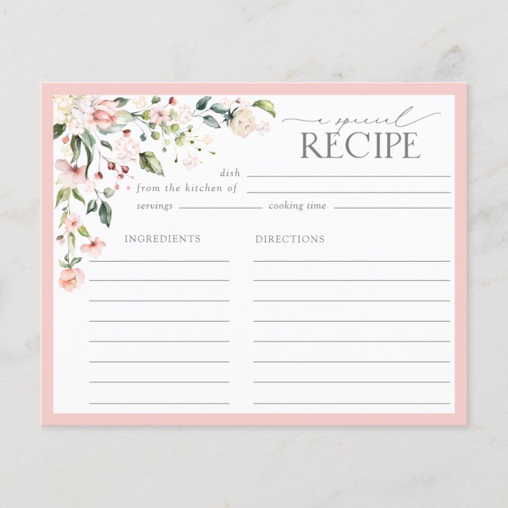 Elegant Pink Floral Bridal Shower Recipe Card | Zazzle