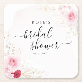 Elegant Pink Floral Bridal Shower Square Paper Coaster