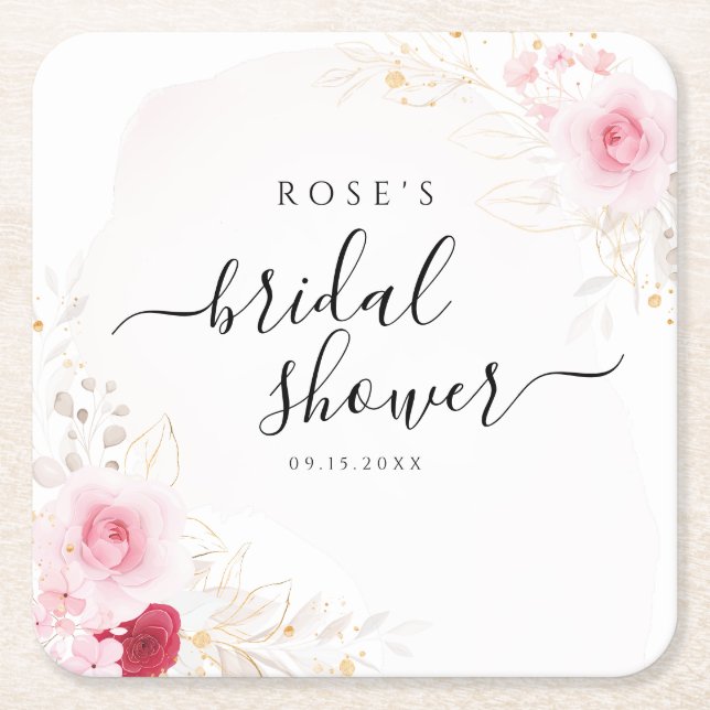 Elegant Pink Floral Bridal Shower Square Paper Coaster (Front)