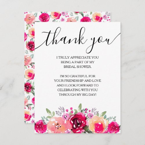 Elegant Pink Floral Bridal Shower Thank You Card