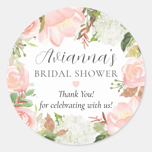 Elegant Pink Floral Bridal Shower Thank You Favor Classic Round Sticker (Front)