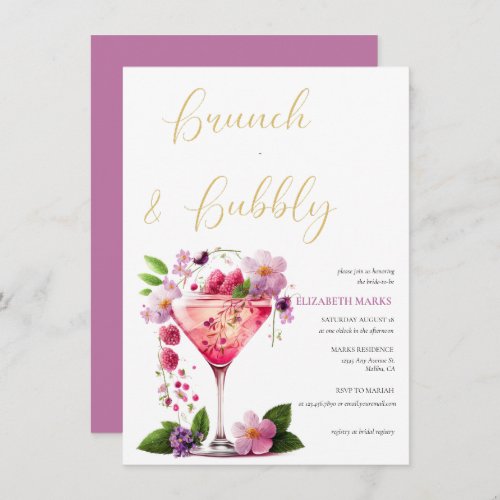 Elegant Pink Floral Brunch  Bubbly Bridal Shower  Invitation